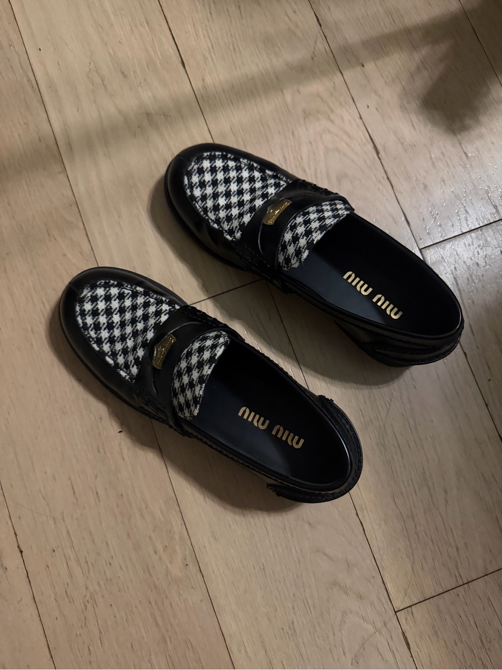 Miu Miu Black Leather Loafers with Black & White Houndstooth - Picture 2 of 6